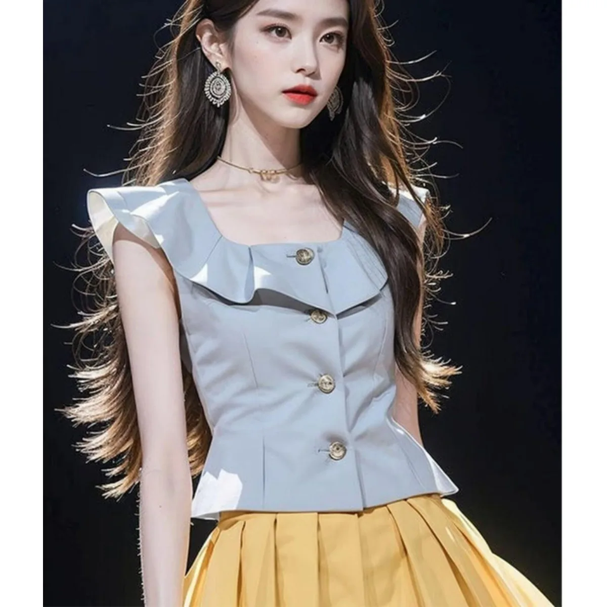 Ele bleu femmes haut ceinturé taille ort Sve col carré Faionable trajet Sle Unique luxe sensation été irt