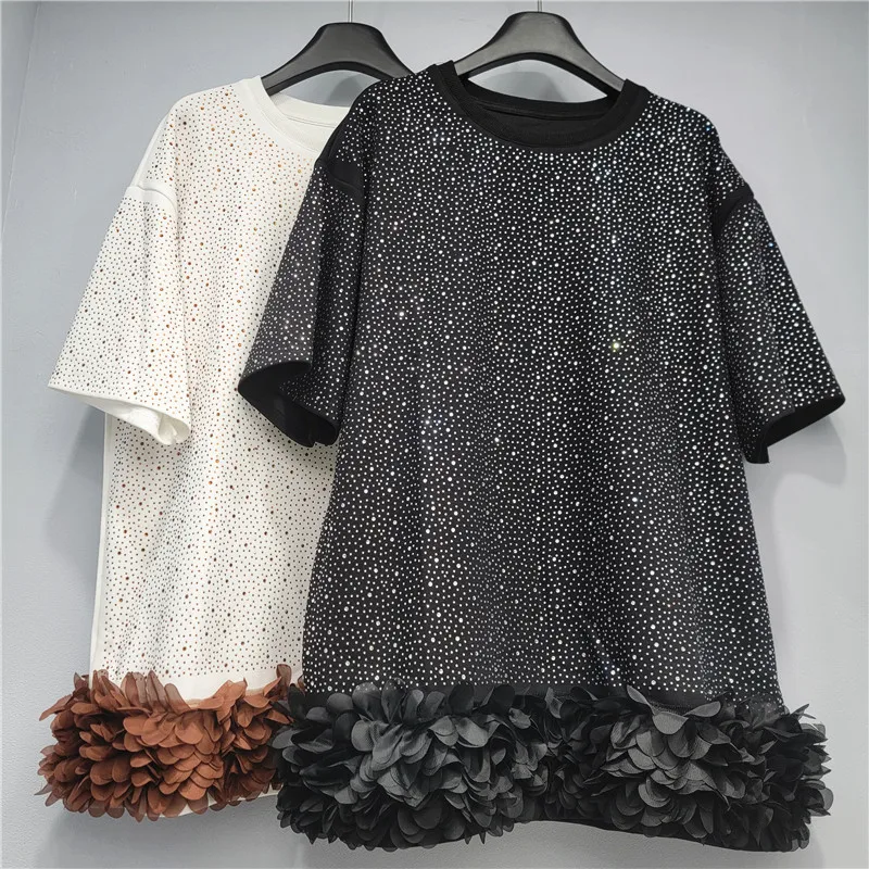 

Сетчатая футболка с цветочным бутоном и подолом в стиле пэчворк, элитная черная футболка со стразами и короткими рукавами для женщин, длинные футболки