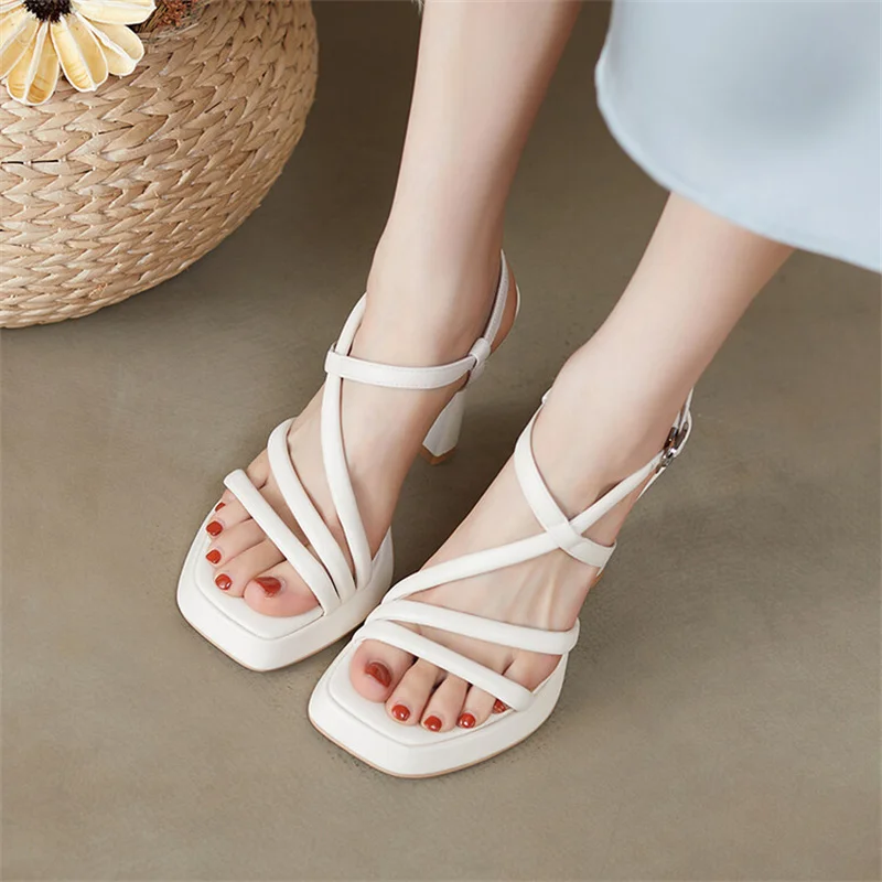 Genuine Leather Open Toe High Heels Sandals Women New Summer Shoes Fashion Sexy Ladies Dress Shoes Female Roman Sandal Thin Heel