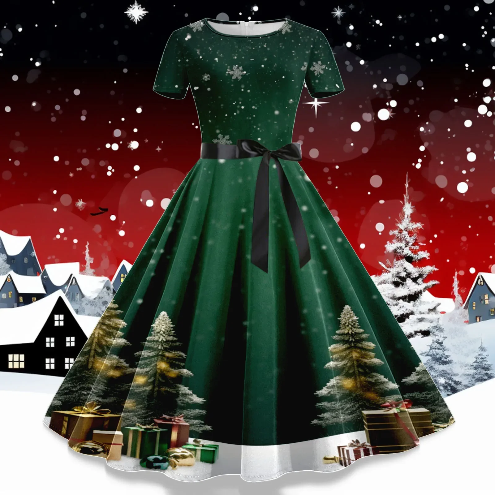 

Women's Fashion Christmas Print Dress Ladies Winter Casual Slim Short-Sleeved Dresses Female Lace Splicing Hepburn Prom Dress