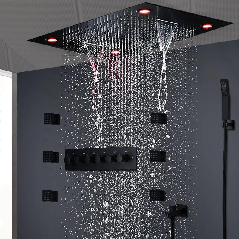 

Luxury LED Matt Black Thermostatic High Flow Shower Set Concealed Ceiling Big Rain Waterfall Showerhead Set Body Jets 2 Inch