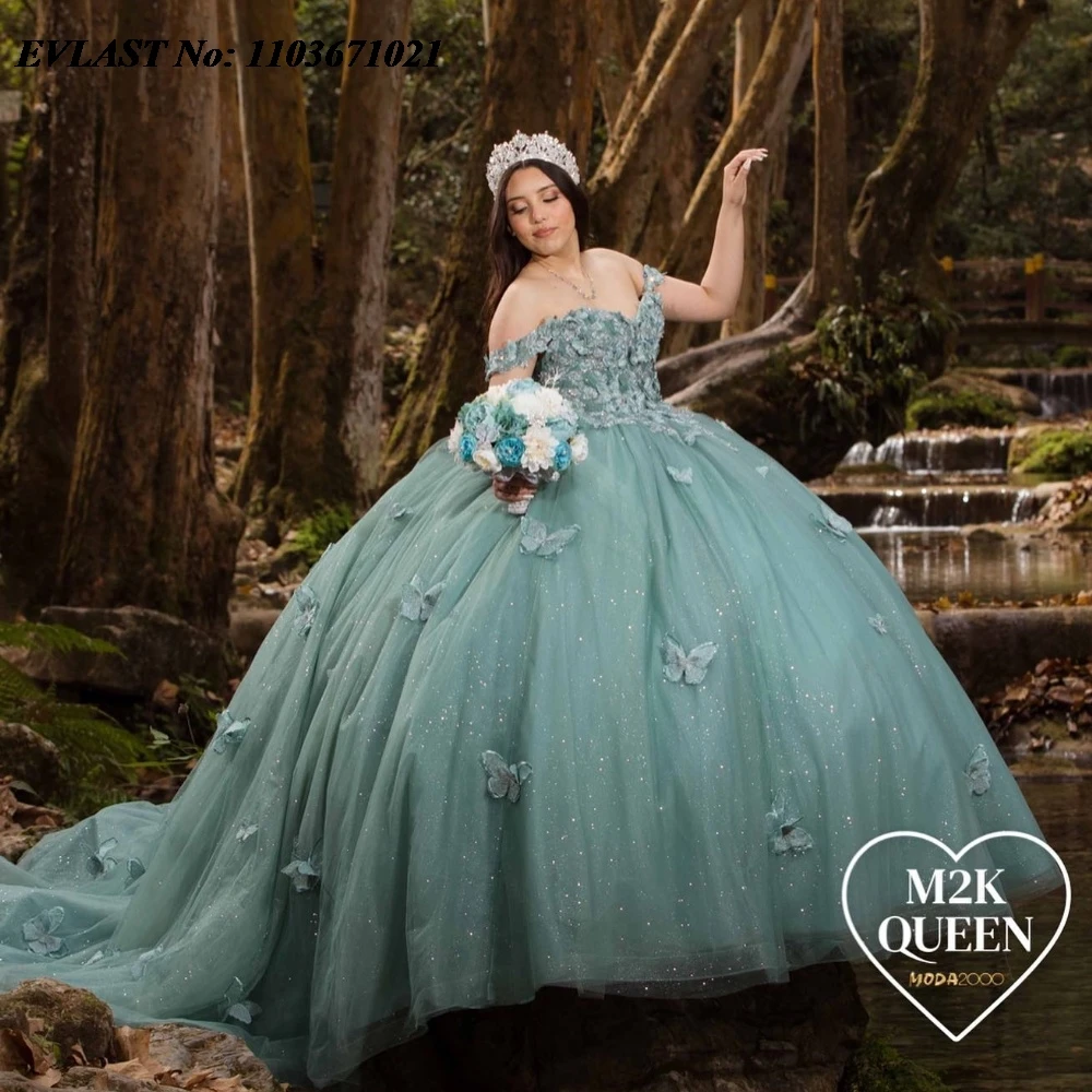 

EVLAST зеленое платье Quinnceanera по индивидуальному заказу, бальное платье, блестящая аппликация в виде бабочки, корсет с бисером, Sweet 16, Vestidos De 15 Anos SQ465