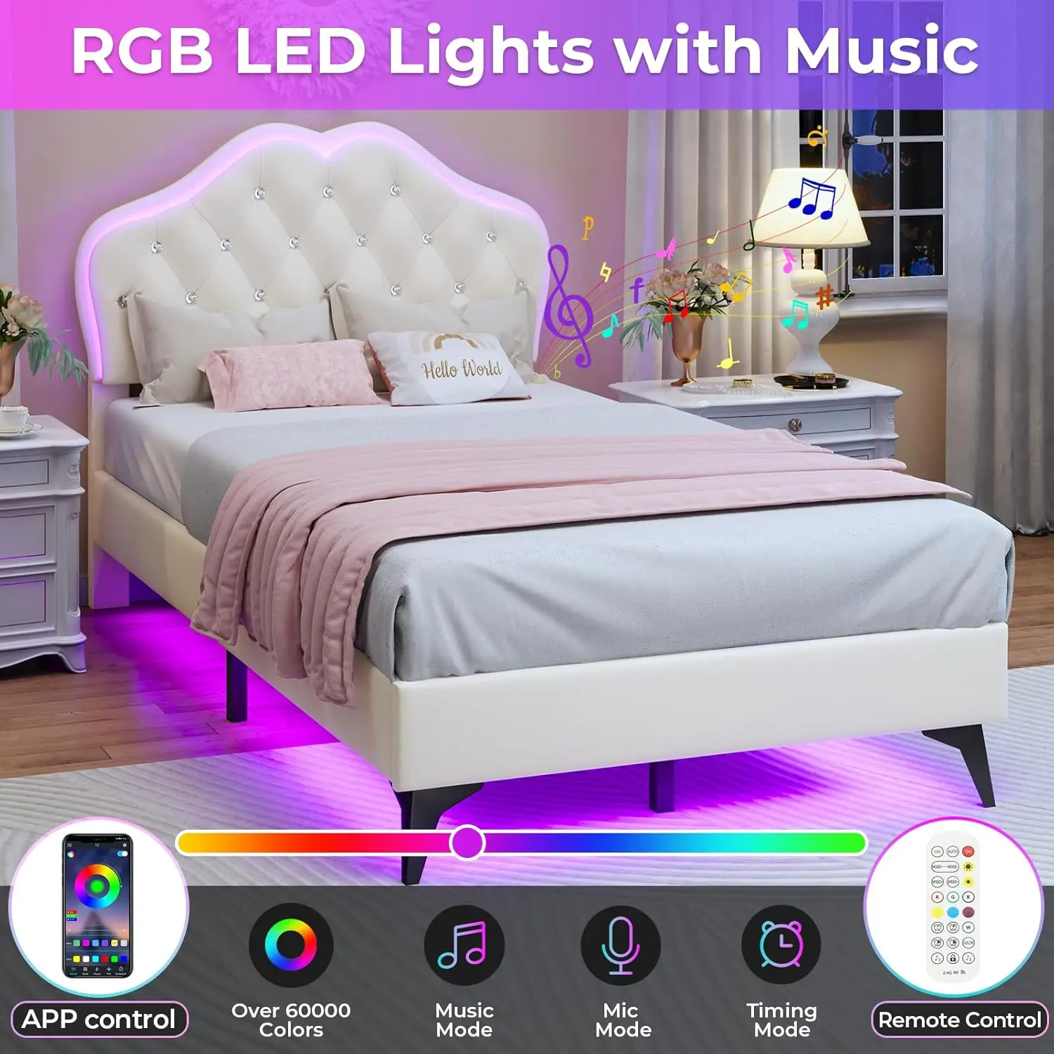 Ukuran tempat tidur berlapis kain dengan lampu LED, Headboard dapat disesuaikan dengan tombol kristal, tempat tidur Platform putri untuk anak perempuan, Woo Solid