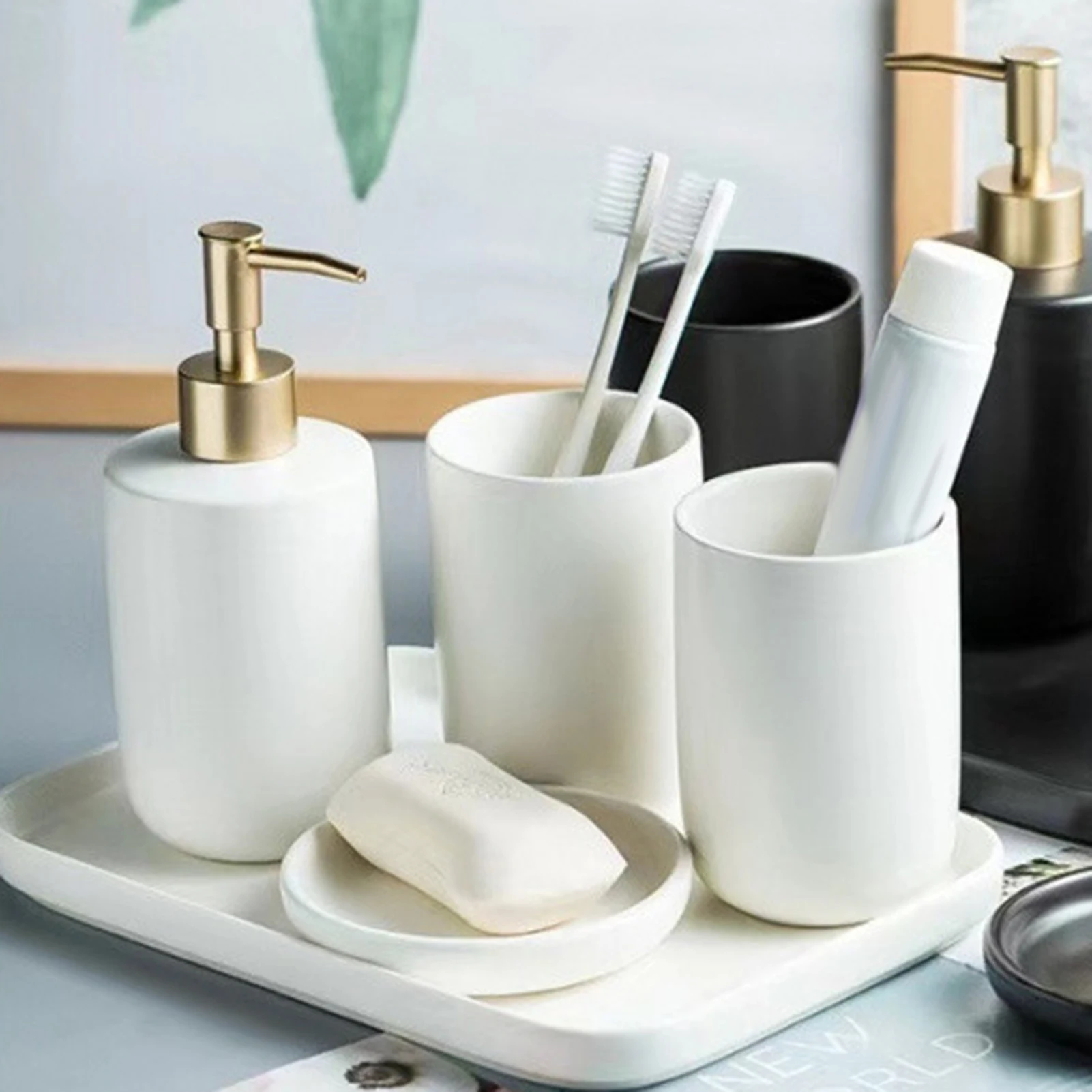5 قطع كونترتوب الحمام مجموعة كوب فرشاة الأسنان السيراميك الفاخر مع غطاء صحن الصابون الغرور المنظم لفندق المنزل #6