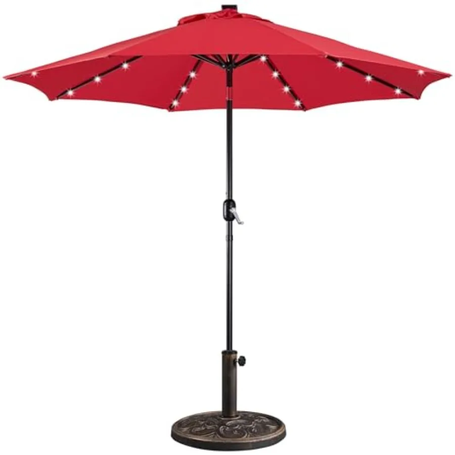 

Outdoor patio market umbrella for garden lawn deck backyard pool; red polyester fabric; solar-powered LED lighting; 9FT with 8