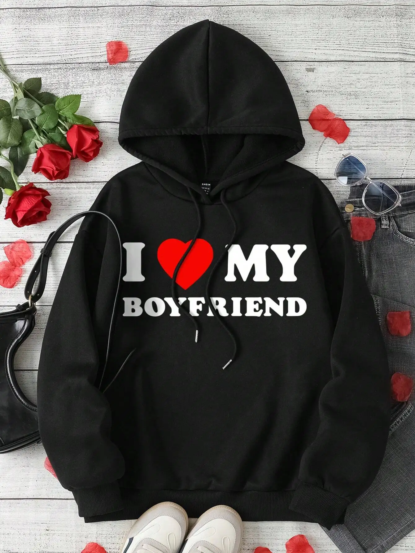 

I Love My Boyfriend Heart Slogan Hoodie for Women, Oversized Long Sleeve Drawstring Hooded Sweatshirt, Autumn Winter Casual