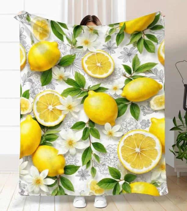 Soft and Comfortable Lemon Flannel Throw Blanket with White Lemon Fruit and Green Leaf Floral Beds and Outdoor Use As A Camping