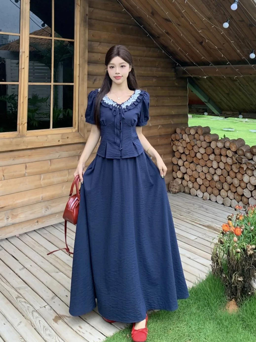 

Sweet Sle Lace Collar ort Sve A-Line Skirt Set plus Size Women's Summer High Waist Floral Print Casual Outfit