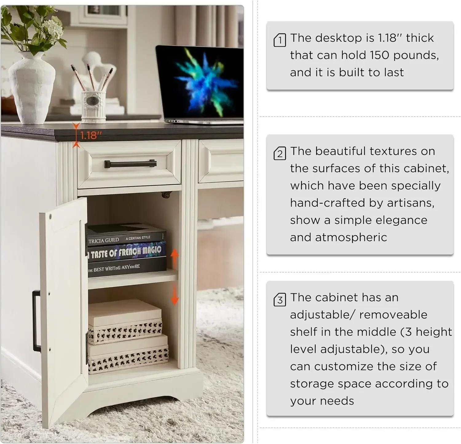 مكتب تنفيذي 58 بوصة قابل للتخصيص، مكتب كمبيوتر المزرعة مع أدراج وخزانة، مكتب مكتب منزلي منقوش، أبيض فاتح