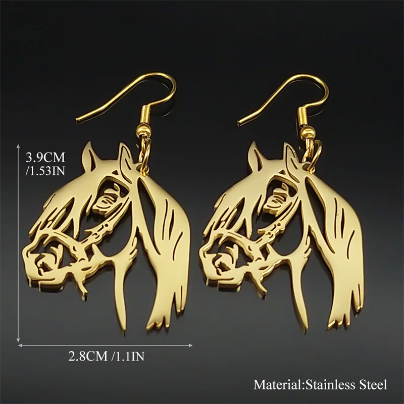 Animal Horse Head Pendant Earrings for Women Stainless Steel Gold Color Drop Earring Horses Lover Gift Accessories Jewelry E6330