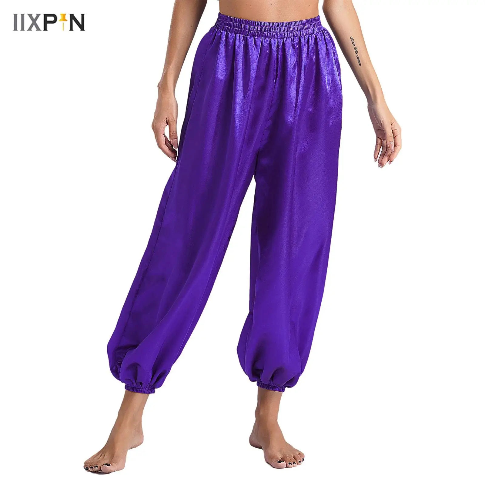 Pantaloni Harem tribali di danza del ventre da donna Pantaloni Bloomers larghi in raso tinta unita Costumi di danza cosplay per feste a tema Halloween