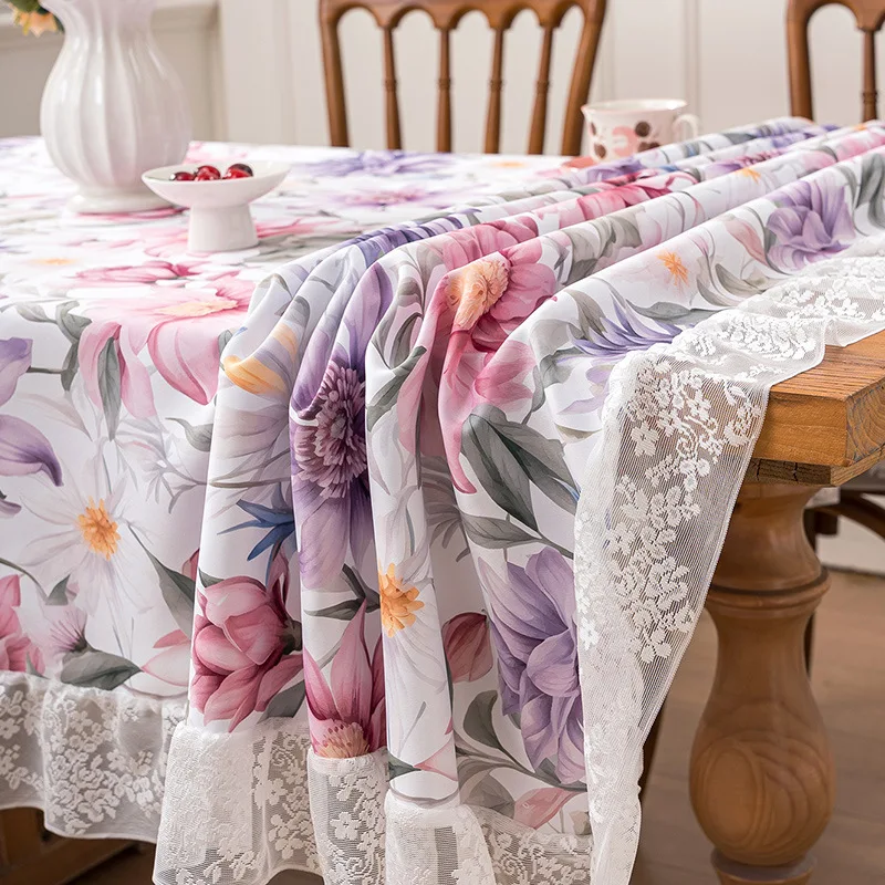 Vintage Floral Tablecloth for Kitchen Polyester Table Cloth with Lace Trim Romantic Table Cover for Dining Room Party Decor