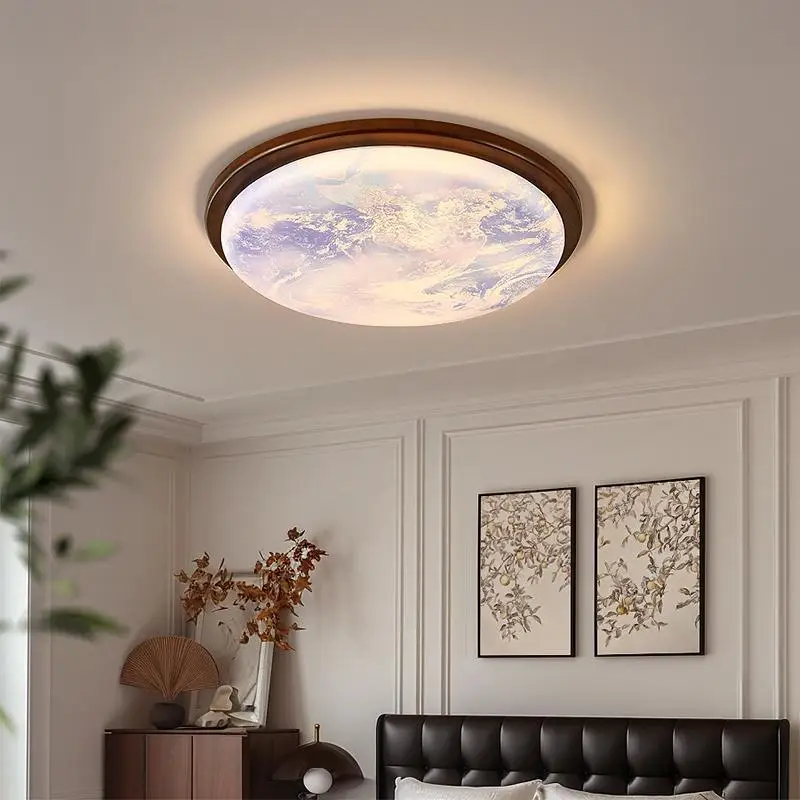SANDYHA Japanese Ceiling Light Solid Wood Circular Moon Lampshade Design LED Lamp Bedroom Decoration Living Room Study Lighting