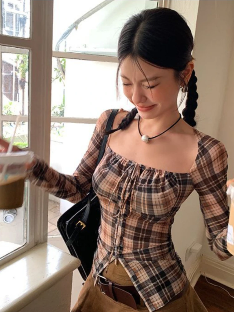 Deeptown Y2K Vintage Plaid Blouse Women Harajuku Square Collar Cropped Shirts Korean Sexy Slim Sunscreen Corset Tops Spicy Girls