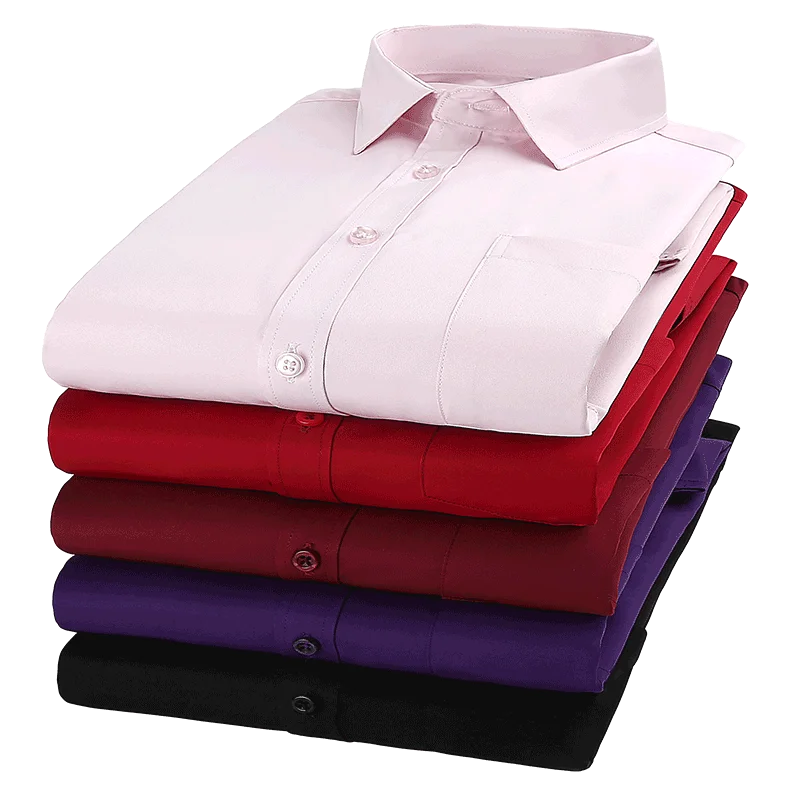 2025 New in Elastic Long-sleeve Shirts for Men Slim Fit Formal Plain Shirt Solid Color Single Pocket Office White Red Plus Size