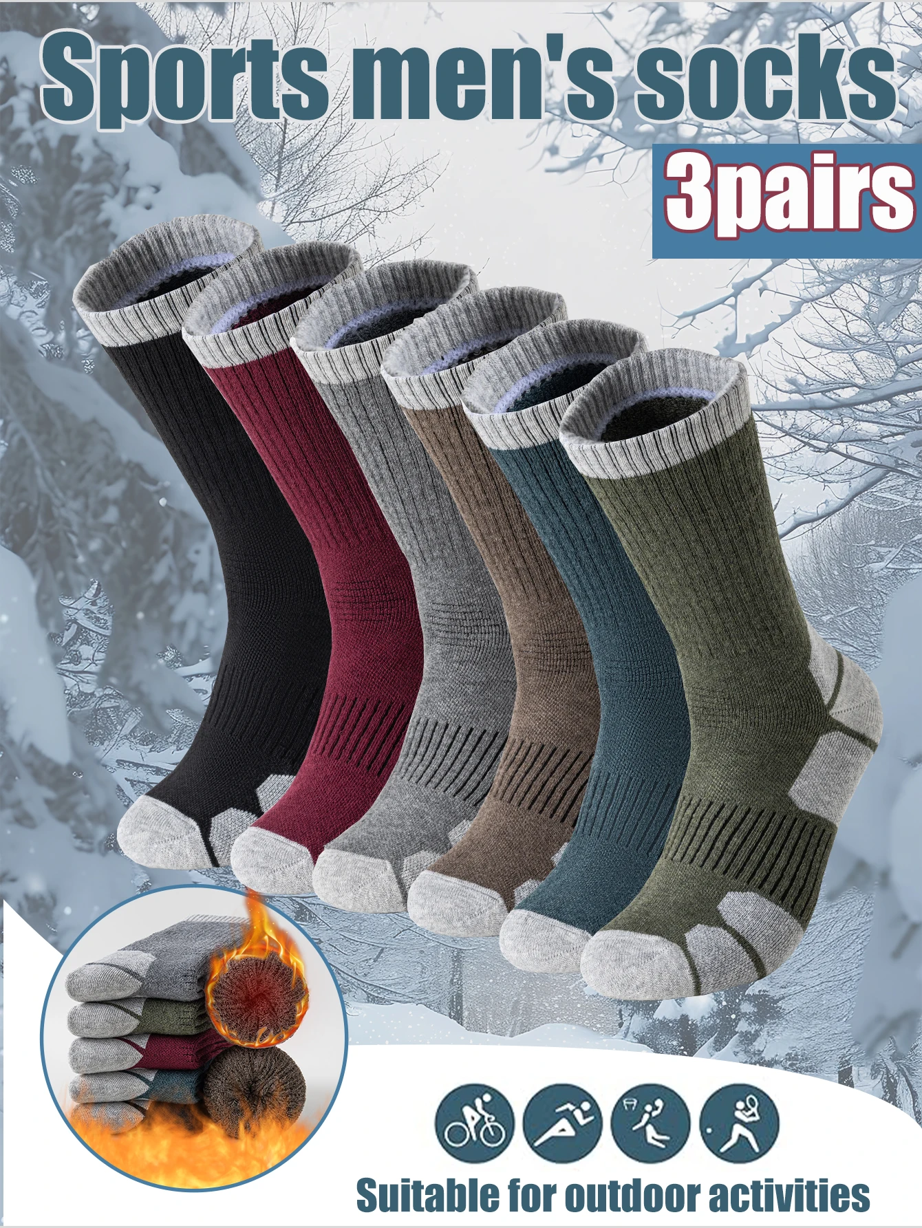 3 pairs of men's winter  socks, multi-color long socks, with plush inner lining, suitable for outdoor sports and warm socks