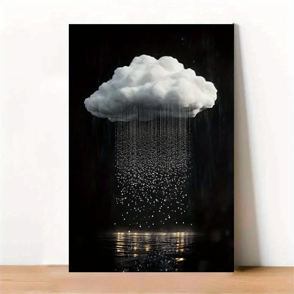 1 toile sans cadre - Scène sereine de nuages blancs et de gouttes de pluie sur fond noir, décoration murale apaisante pour le salon