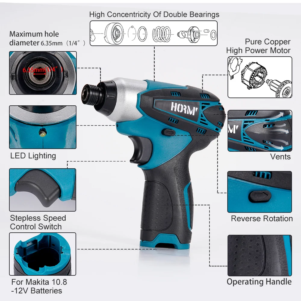 Hormy Electric Cordless Screwdriver 100N.m Rechargeable Impact Drill Charging Drill Handheld Power Tool For Makita 12V Battery