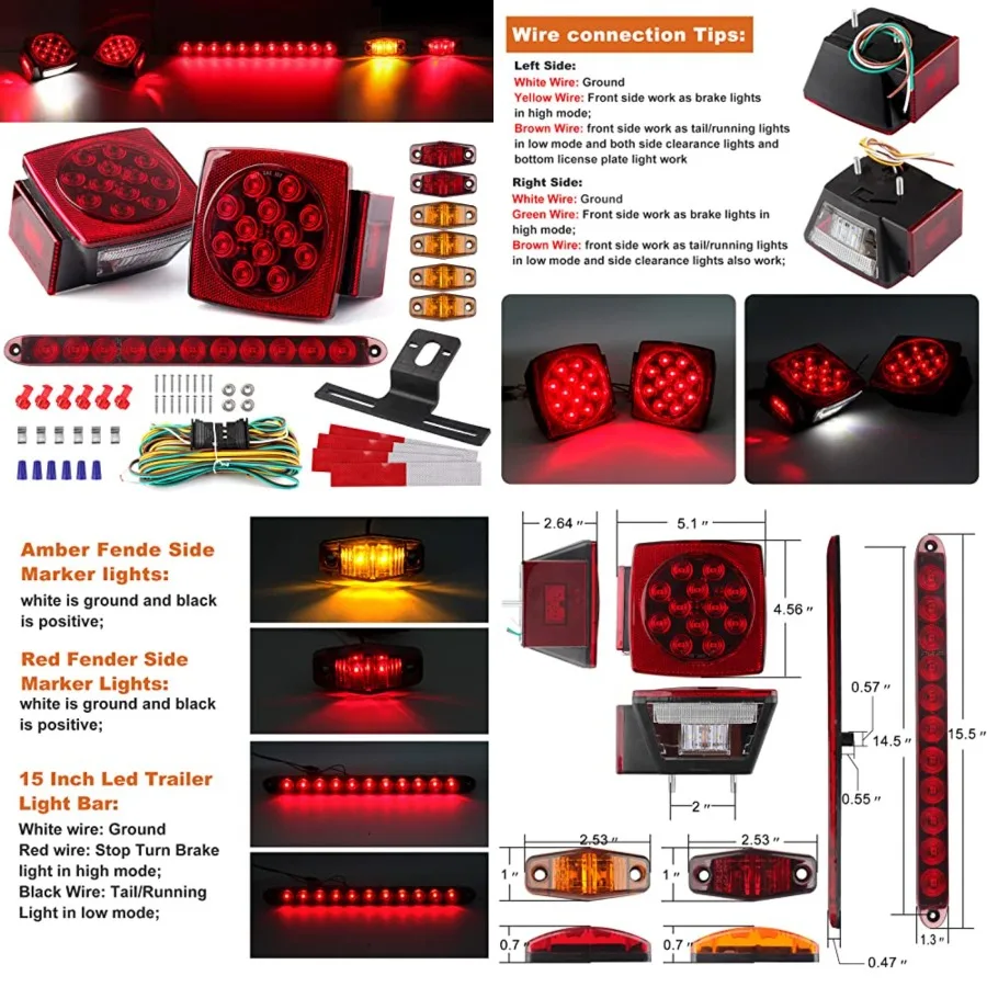 

12V Trailer Led Light Kit, 2x Square Led Stop Turn Tail Brake License Plate Running Lights w/ 25ft Wiring Harness/6x Mini Marke