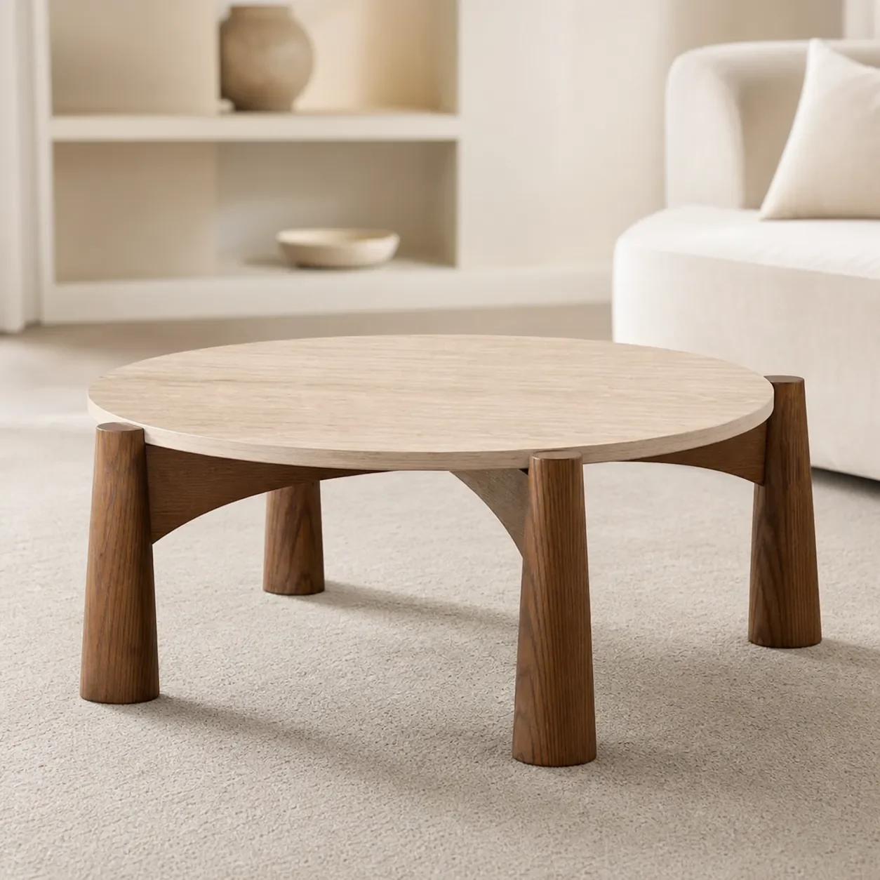 

Round Limestone Slab Coffee Table for French Style Rustic Living Room Small Space Nordic Mid Century Modern Solid Wood Tea