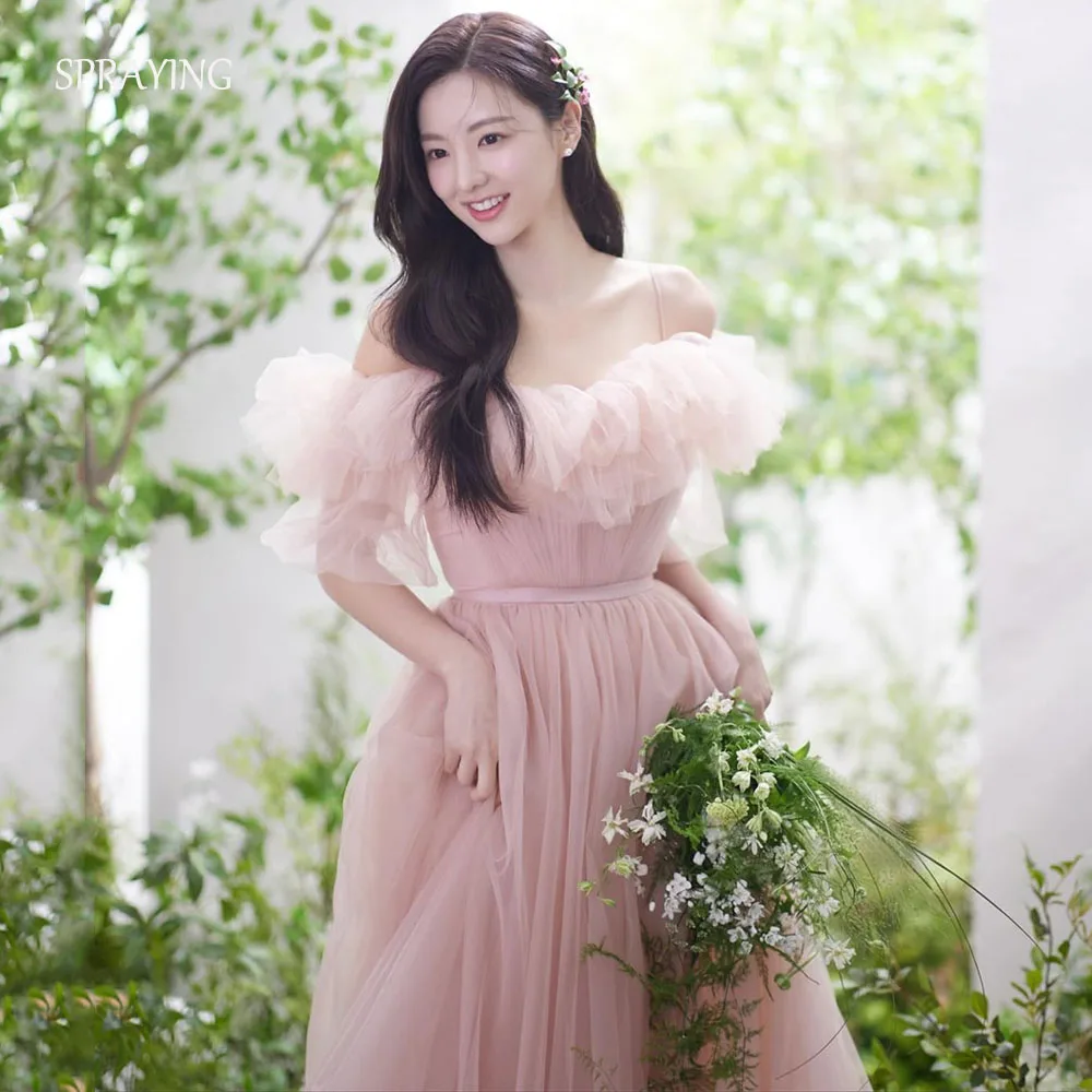 رش الجنية تول حزام فساتين السهرة كوريا الزفاف صورة تبادل لاطلاق النار قبالة الكتف ألف خط فستان حفلة طويلة مشد مخصص 2026