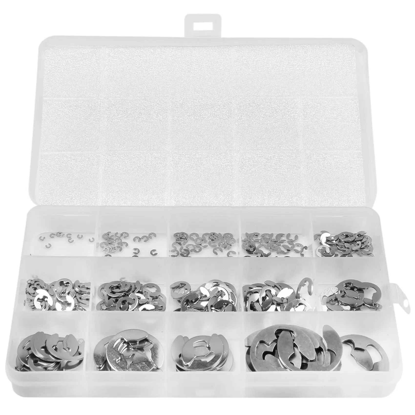 Stock Quantity 290Pcs/Set E Clip Circlip Washer Assortment Kit Stainless Steel 1.2-15 Mm External Retaining Ring Clip For Pulley