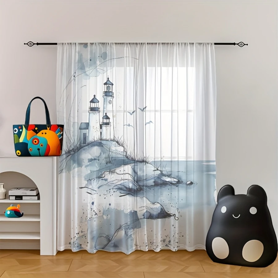 2PCS Digital Print Sheer Curtain, Coast Lighthouse, Modern Minimalist Window Curtains for Living Room Bedroom Home Decor