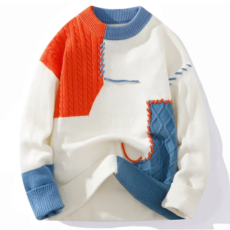 Autumn Winter Color Matching Design Sense Stitching Crew-neck Knitting Couple Fashion Brand Plus Fleece Pullover Sweater New