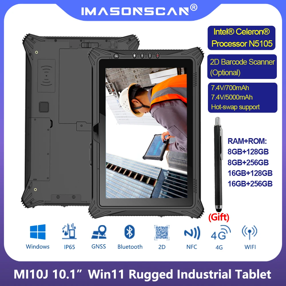 

10-дюймовый прочный водонепроницаемый планшетный ПК Windows 11 Pro IP65 4G WiFi отпечатков пальцев RJ45 NFC RS232 MIL-STD-810H с 2D-сканером