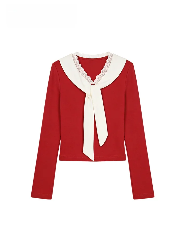 

Large Size Lace V-Ne Long Sve T-irt Women's Faion Autumn Winter Knot Top French Sle Polyester Fiber