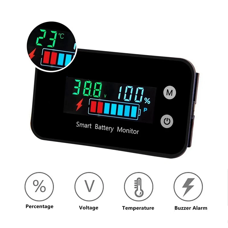 2X 7-100V Digital Battery Capacity Tester Battery Monitor Voltage Temperature Switch Meter For Car Ships, NO Waterproof