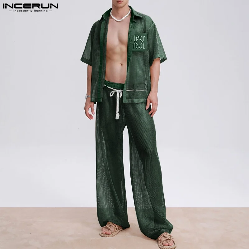 Set da uomo Mesh Patchwork See Through Camicie e pantaloni sexy a maniche corte Set da due pezzi Streetwear 2025 INCERUN Abiti casual da uomo