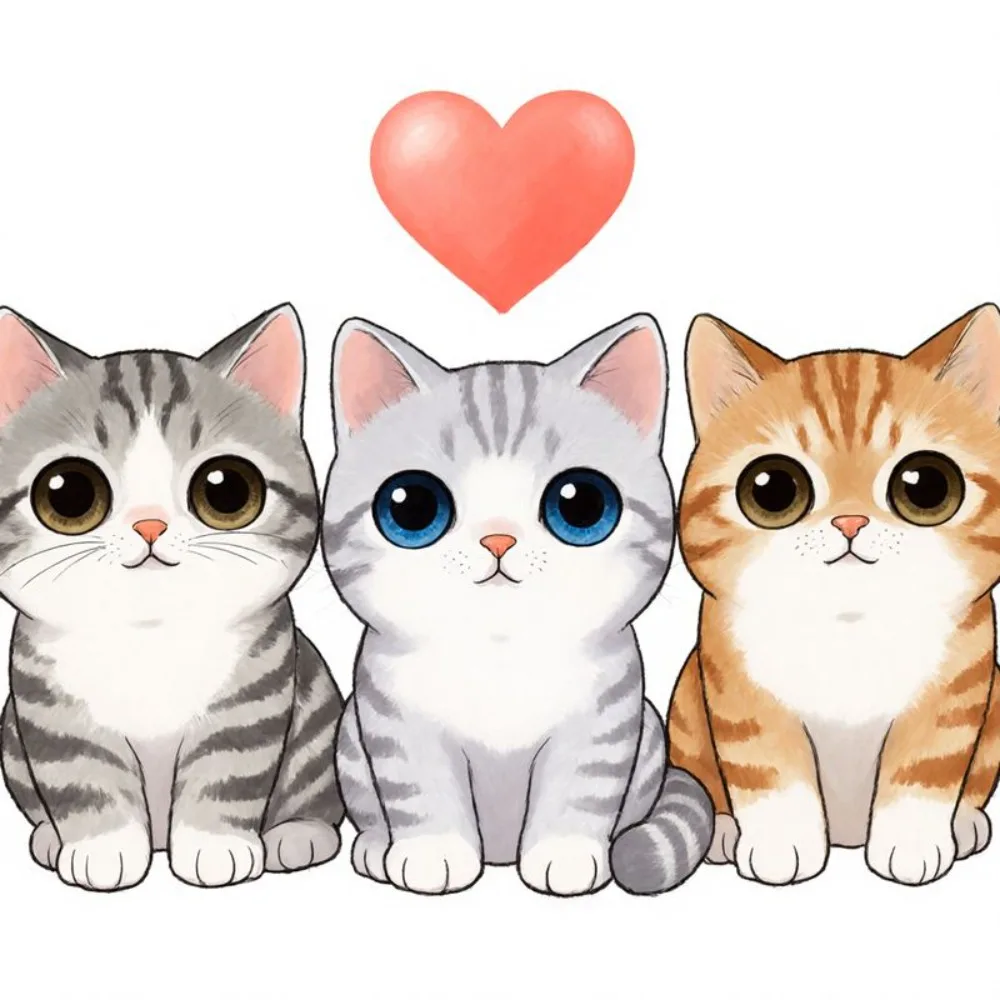 Vinyl Sticker Featuring Three Adorable Cartoon Kittens with Fur Colors in Gray Light And Orange Dark Stripes on Body White
