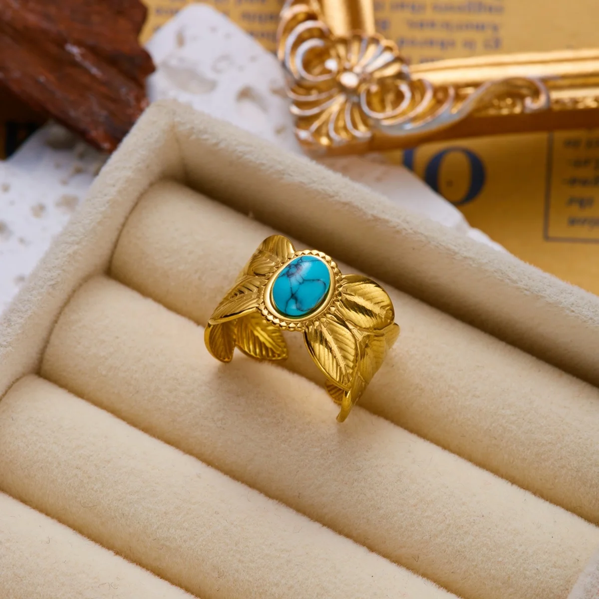 Edelstahl Blau Naturstein Geometrische Fingerringe für Damen und Herren Französischer Vintage Sonnenblumen-Blatt Runder Ovaler Ring Schmuck – Detail 36