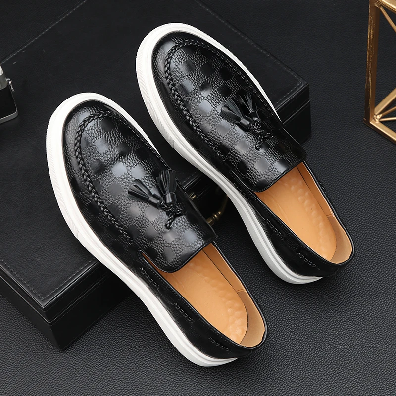 New Black Men\'s Vulcanize Shoes Brown Slip-On Sneakers Tassels Handmade Men Shoes Size 38-45