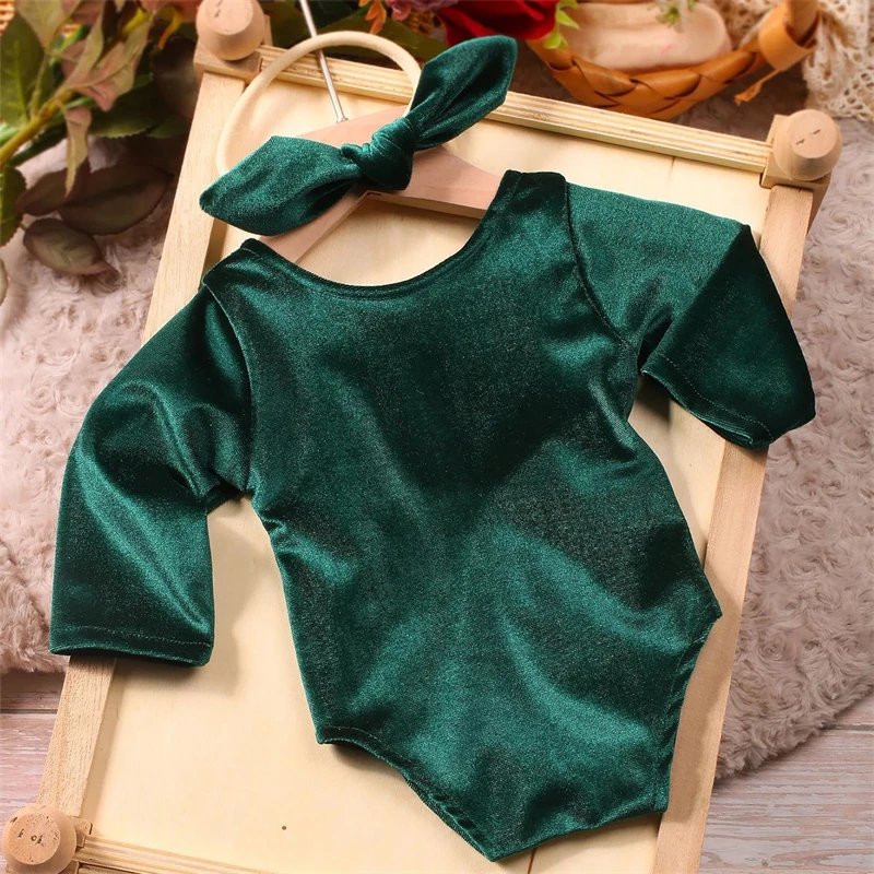 Newborn Baby Christmas Rompers Red Green Velvet Long Sleeve Bodysuit for Photography With Big Bow Headband Xmas Clothing Costume