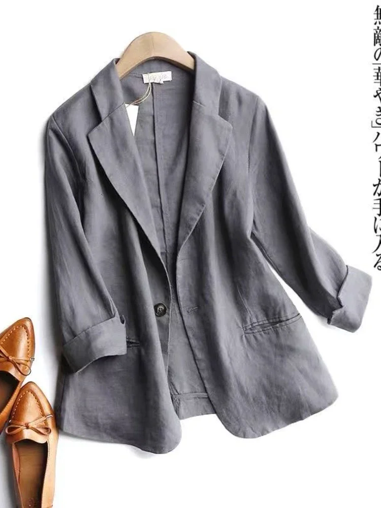 Fashion Woman Blazer 2024 Summer Cotton Linen 100% Suit Jacket White Solid Casual Button Single Breasted Female X1102