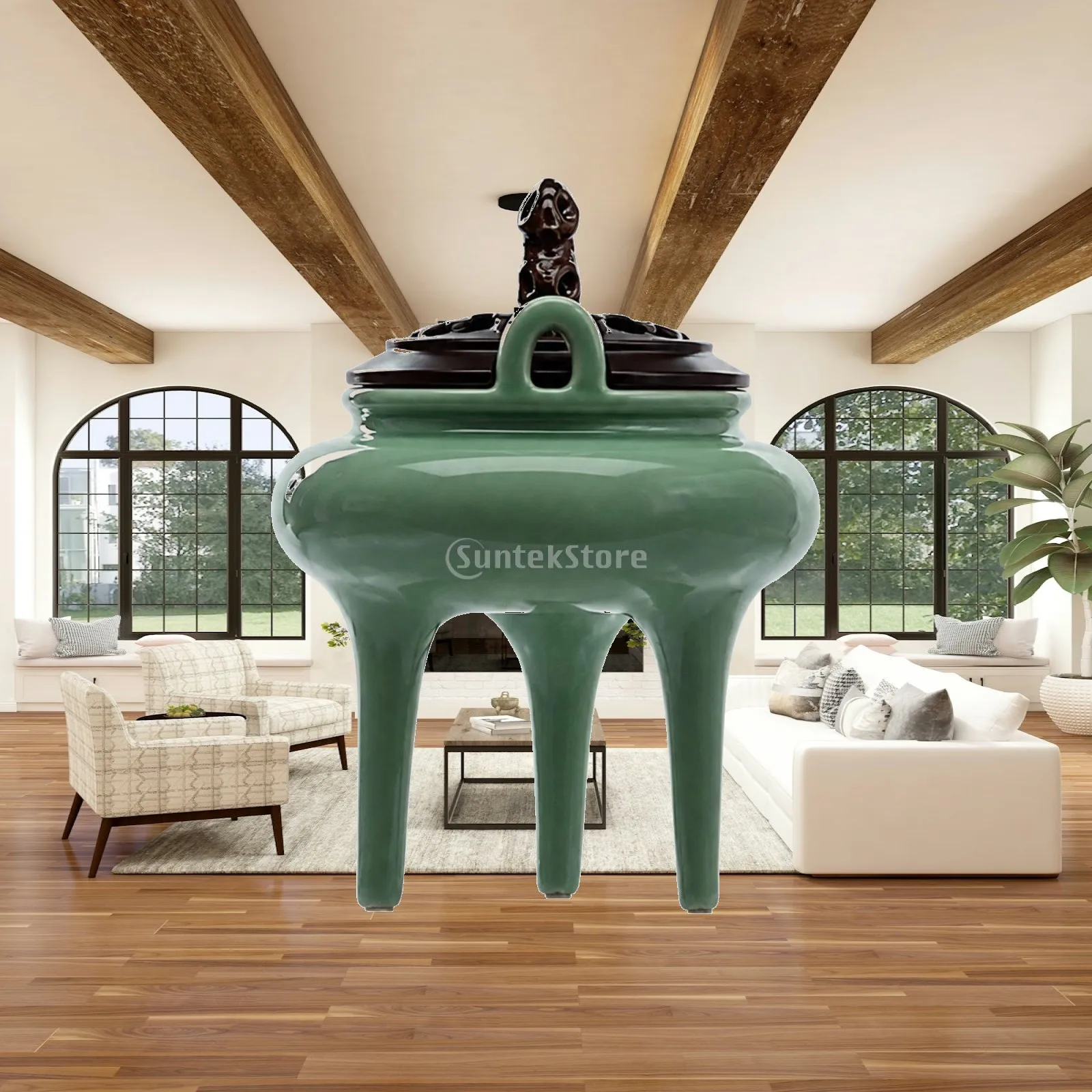 Handmade Ceramic Incense Burner with Wooden Lid Lidded Chinese-Style Ceramic Incense Burner Shelf Ornament Traditional Glossy