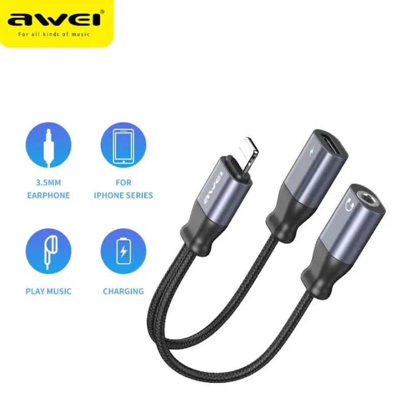 

Awei CL-73 Lightning cable to 3.5 mm Earphone Jack 2 in 1 AUX Headset Adapter For iPhone 14 13 12 Pro Max Headphones Converter