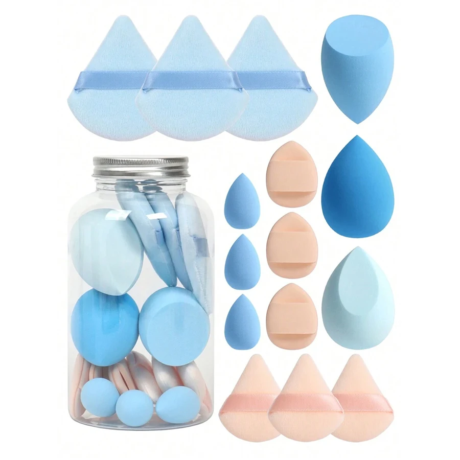 Conjunto de 15 esponjas de maquiagem com recipiente de armazenamento: 3 liquidificadores de beleza, 3 mini liquidificadores de beleza, 3 folhetos de pó, 3 mini puffs de pó,