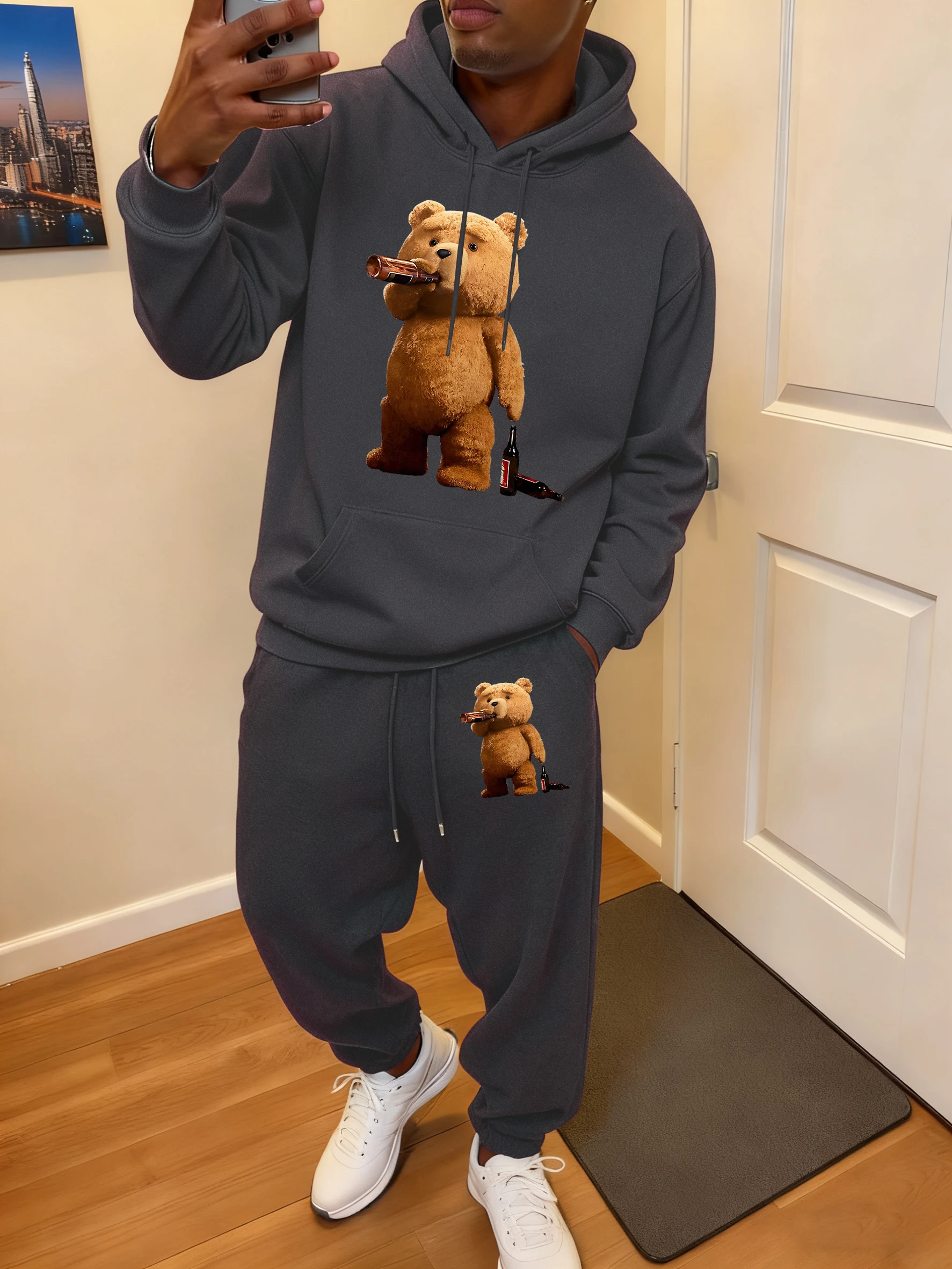 

The Melancholic Bear Drinking Print Streetwear Men Soft Autumn Hoodie Set Sports Jogging Clothing Suit Street Fleece Pants Mens