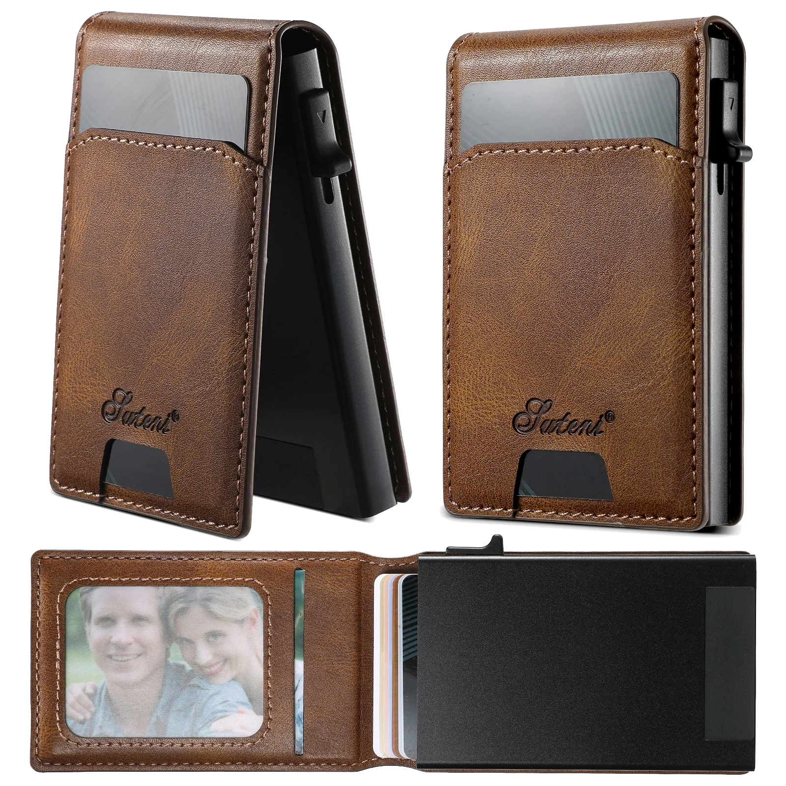 Magnetic Retro Wax Metal Leather Card Holder Multi Card Slots Button Box Pressing The Button Automatically Ejects The Cards