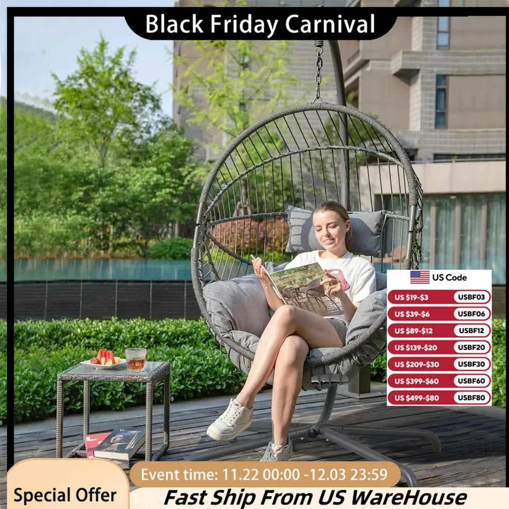 

Outdoor Egg Swing Chair with Stand, Oversized Cocoon-Shaped Rope Woven Hanging Chairs W/Cushion, Patio Wicker Hammock Chair