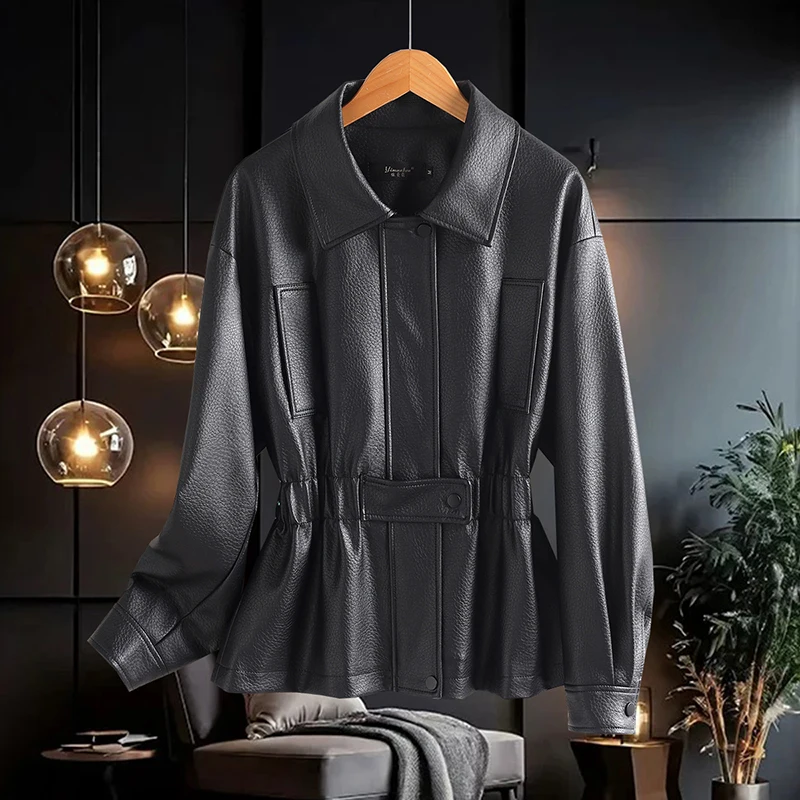 Spring 2026 Women's Short Leather Jacket Sheepskin Loose Slimming Windbreaker Long Sleeve Breathable Commute Style Poly 
