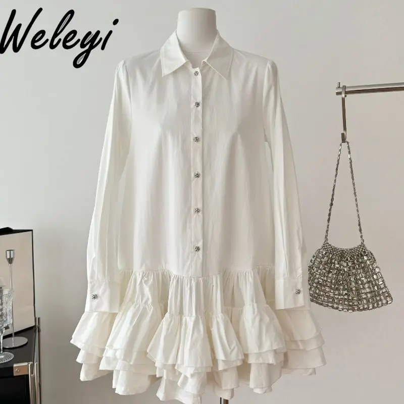 

Sweet Pure Cotton White Puffy Shirt Dress Woman Student 2025 Spring New French Polo Neck Long Shirt Sleeve Large Swing Dresses