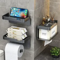 Bathroom Toilet Towel Paper Holder Phone Holder Wall Mount Paper Holder with Shelf Towel Rack Tissue Boxes Black