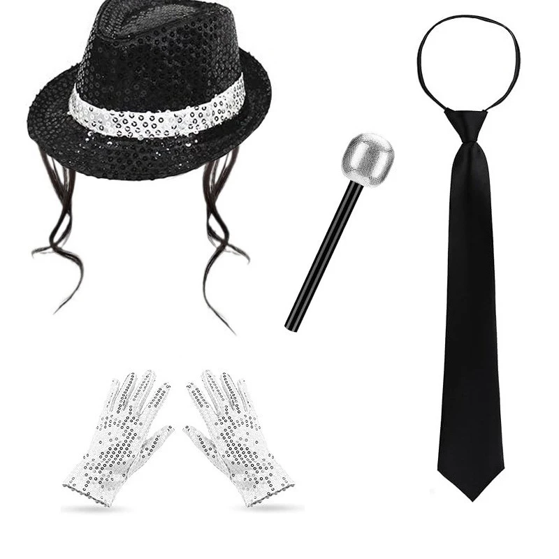 Un conjunto de 4 piezas de complementos para disfraz de bailarín de los 80, que incluye un sombrero con lentejuelas, guantes y una corbata elegante, perfecto para carnaval de adultos y fiestas retro de discoteca de Halloween, cosplay de hip-hop.