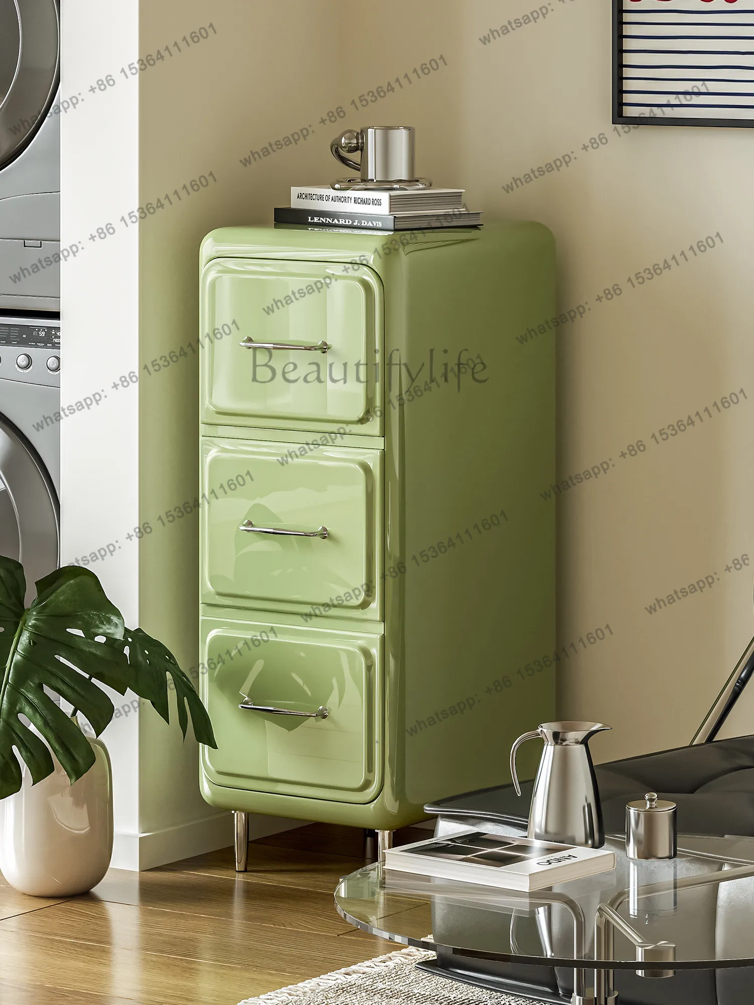 

Simple modern matcha green chest household bedroom small very narrow bedside cabinet