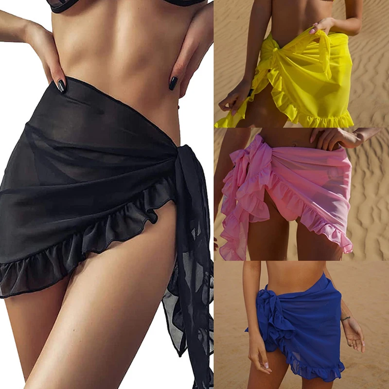 

New Women Swimsuit Bikini Cover-up Skirt Summer Solid Color Beach Wrap Skirt Swimwear Female Ruffle Trim Lace Up Sarong Cover Up