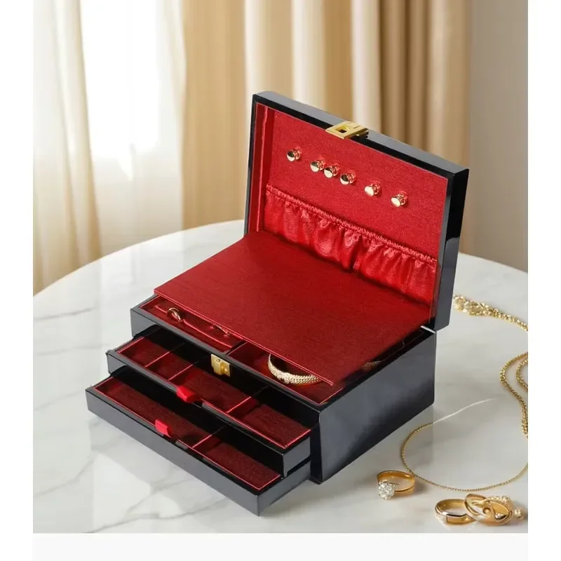 Large Capacity Black Wooden Jewelry Box Modern Polished Finish Multifunctional Travel Storage Organizer for Rings Necklaces